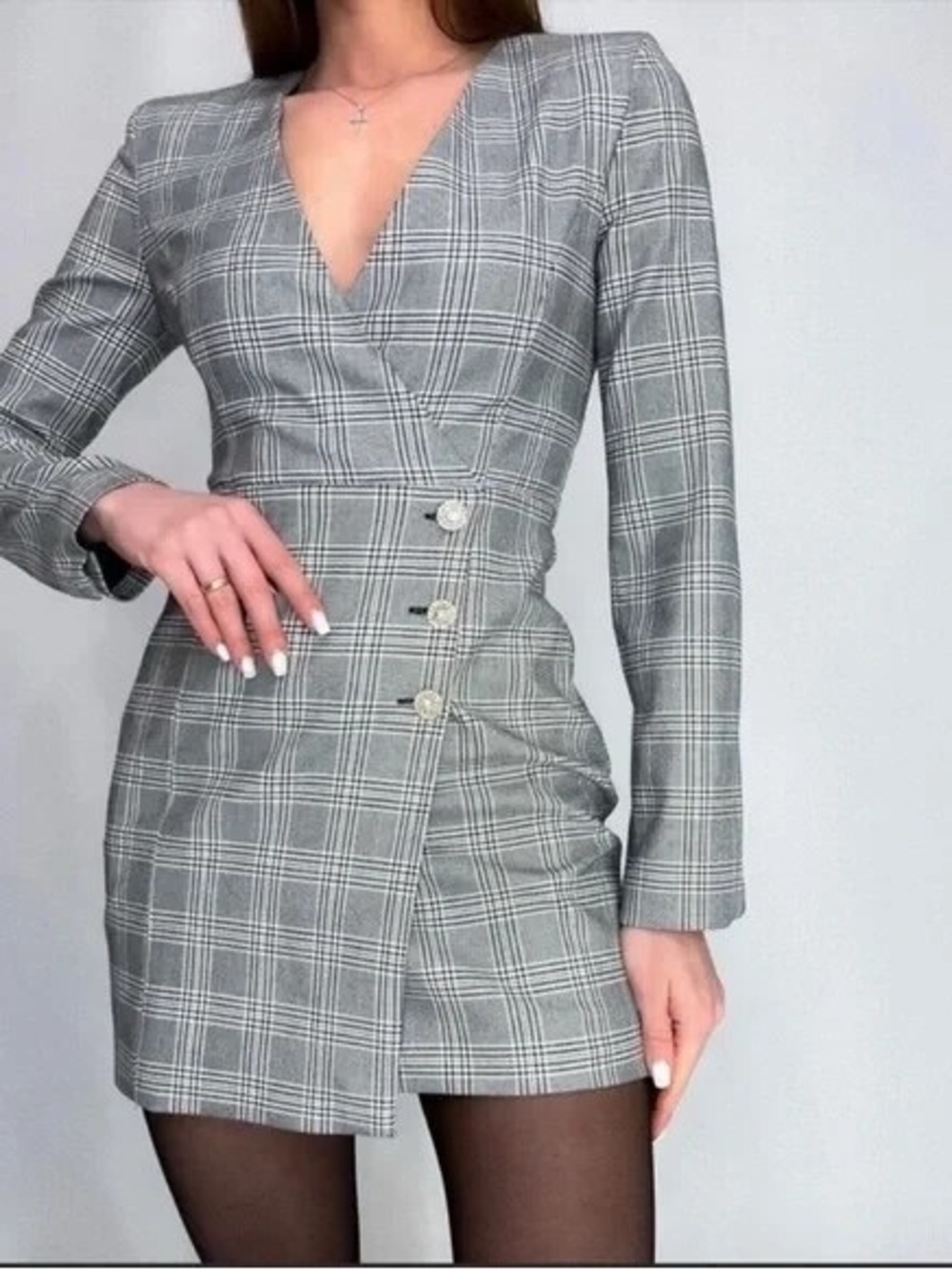 Zara Gray Plaid Long-Sleeve V-Neck Wrap Dress
